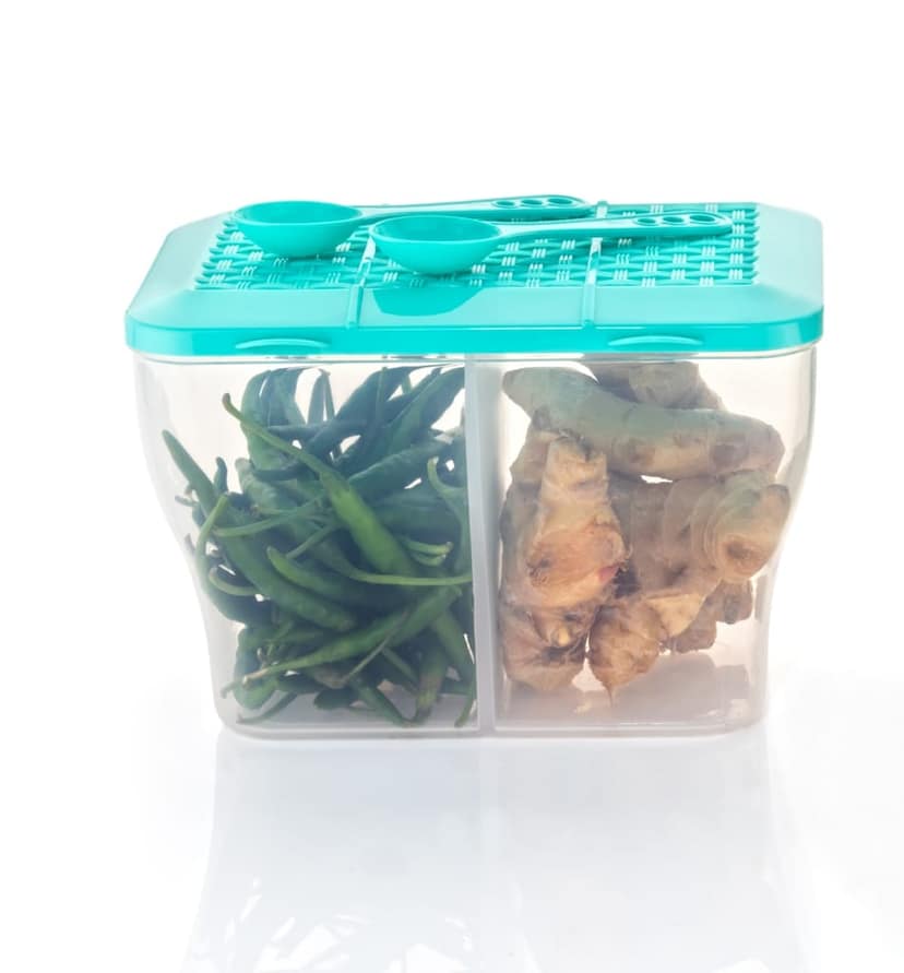 HAPPI Multipurpose Plastic 2 in 1 Masala Box for Kitchen , Spice Boxes for Kitchen , Transparent 2 Compartment Storage Containers Airtight Grocery, Dry Fruits Box 2000 Ml with 2 Spoons(Green) view 2