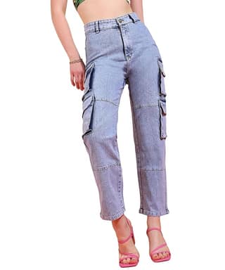 Glossia Fashion Light Blue Women Cargo Jeans | High Waist Stretchable Wide Leg Straight Fit Denim| Boyfriend Jeans for Women - 36