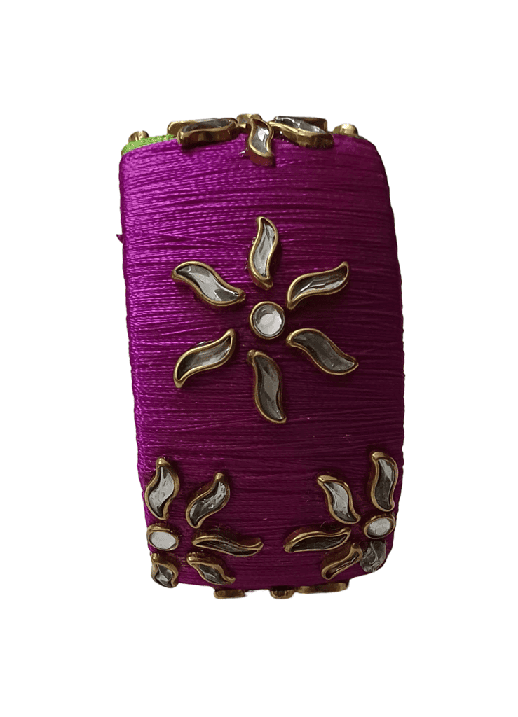 Green and Pink Silk Thread Bangle with Kundan Stones view 2