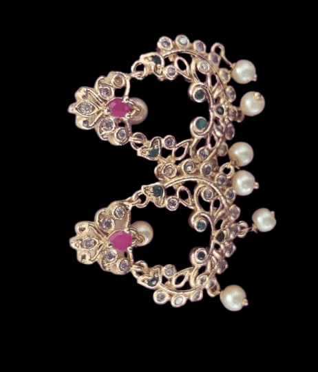 14k Gold Plated Chandbali Earrings with Ruby and Emerald Stones and Pearls view 2