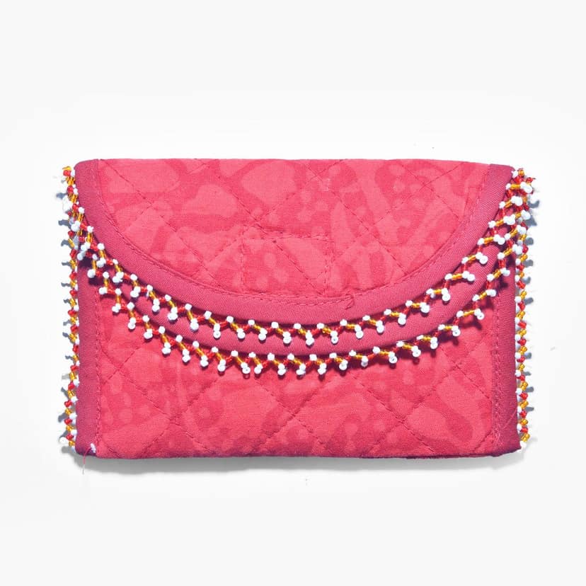 Tribes India Handmade Cotton, Sponge & Bid Work Pink Purse for Women & Girls