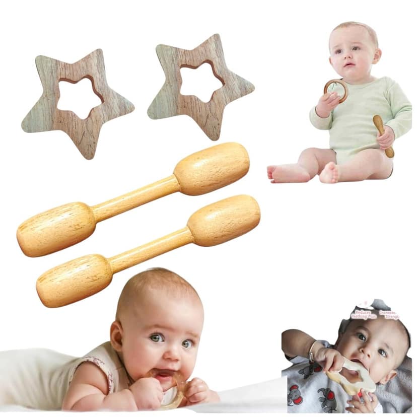 Shreeja Shilpcraft Neem Wood Baby Teething Set, Star Teether and Dumbbell Teether, Natural Wood, 4-Piece