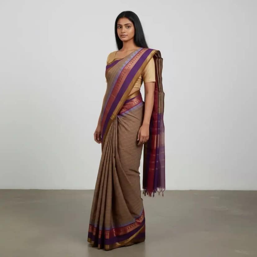 Handwoven Kanchipuram Cotton Saree in Light Khaki with Zari Border view 2