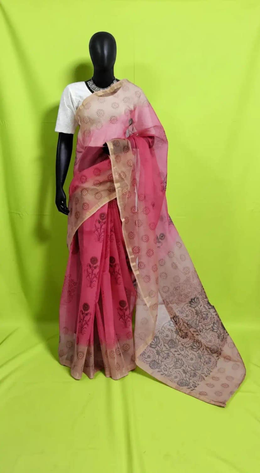 Kota Doria Block-Printed Saree in Rani Pink with Yellow Woven Border