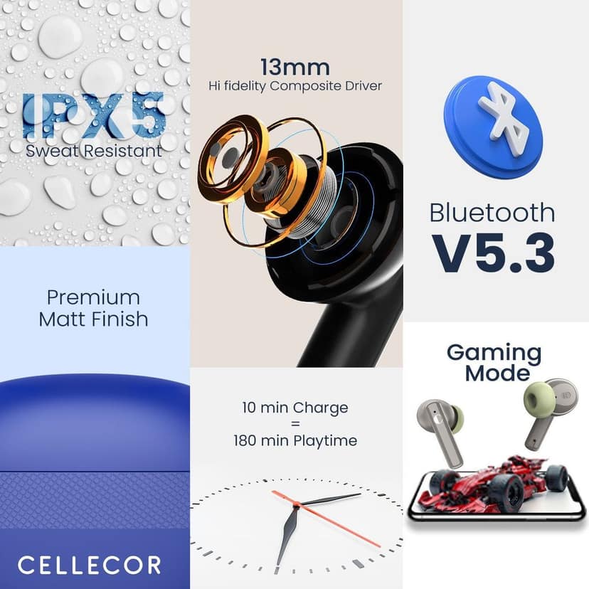 Cellecor BroPods C105 Tune TWS |45H Playtime, ENC, 5.3v, IPX5, 50ms Low Latency Gaming Bluetooth-Blue Grey view 2