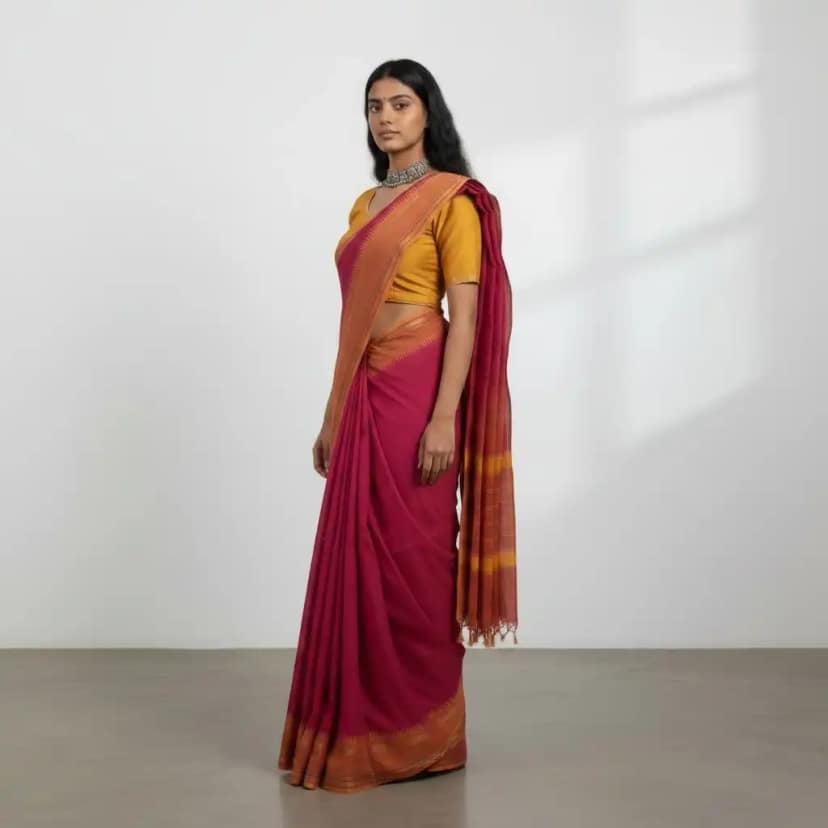 Handwoven Magenta Cotton Kanchipuram Saree with Golden Woven Border view 2