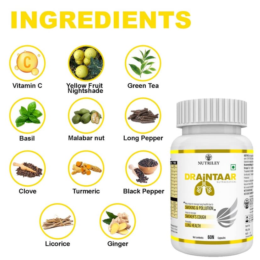 Nutriley Draintaar Lungs Health Capsules Cleanses and Purifies Lungs, Lung detoxification and respiratory support (60 caps) view 2