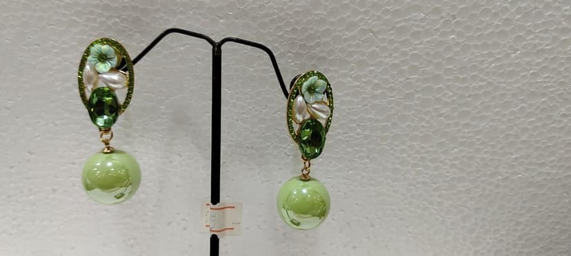 Elegant Green Rhinestone and Pearl Flower Earrings view 2