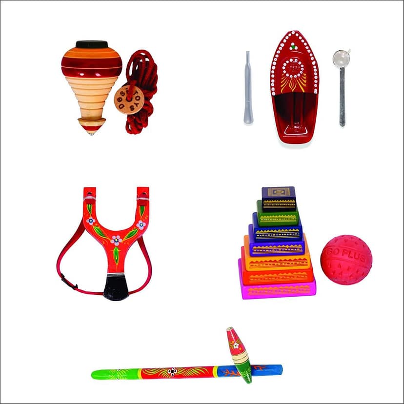 Desi Toys Khel Pack of 5 | Gilli Danda + Spinning Top + Putt Putt Nav + Lagori + Gulel Slingshot | Classic & Nostalgic Indian Games | Fun & Learning | Outdoor & Indoor Games | Made in India view 2