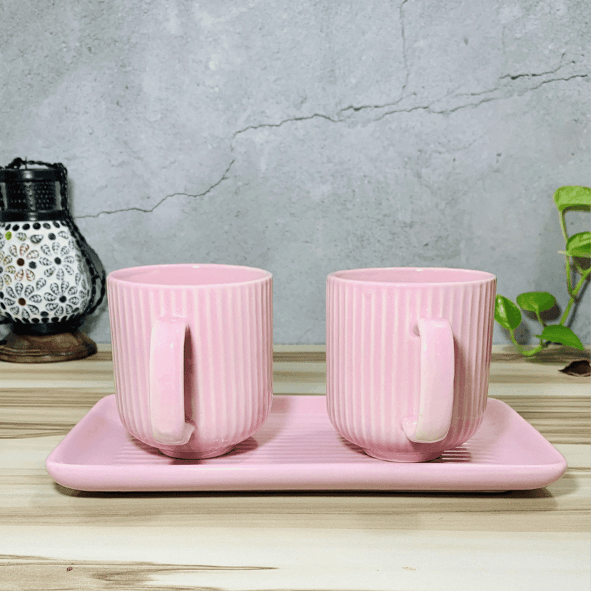 Homefrills Premium Stoneware Handmade Striped Design Ceramic Tea Cups & Milk/Coffee Mugs Along with Tray Microwave Dishwasher Safe - Pack of 3 (2 Cups and 1 Tray) Pink, 300ml