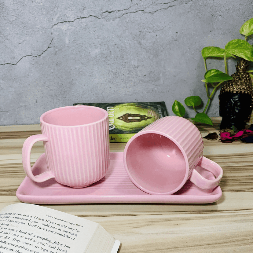 Homefrills Premium Stoneware Handmade Striped Design Ceramic Tea Cups & Milk/Coffee Mugs Along with Tray Microwave Dishwasher Safe - Pack of 3 (2 Cups and 1 Tray) Pink, 300ml view 2