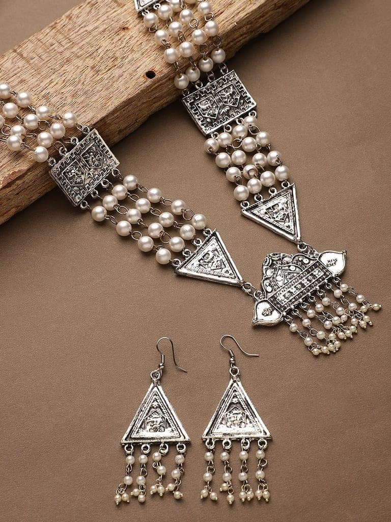 Cardinal Oxidized Silver Color Moti Stone Long Necklace Set view 2