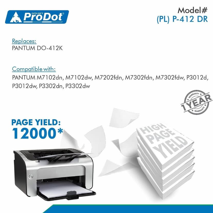 ProDot (PL P-412 DR Laser Toner Cartridge Compatible with: Pantum M7102dn, M7102dw, M7202fdn, M7302fdn, M7302fdw, P3012d, P3012dw, P3302dn, P3302dw Printers view 2