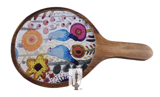 Sara Home Mango Wood Serving Pizza Platter/Chipdip/Dosa/Chees/Snacks Tray Printed Enamel Serving Platter with Handle Appetizer Plate Serving Platter