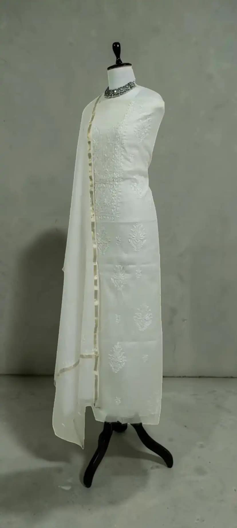 White Mul Cotton Chikankari Dress Material with Dupatta, Hand Embroidered view 2