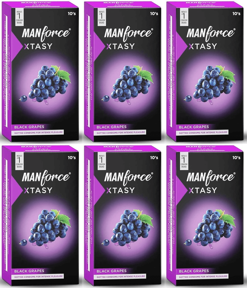 Manforce Xtasy Black Grapes Flavoured Condoms for Men| Dotted and Double Contoured for Intense Pleasure| Lubricated Latex Condoms|10 Pcs x Pack of 6 view 2