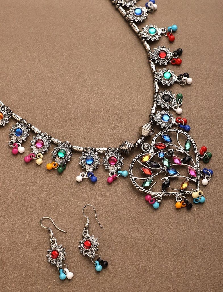 Cardinal Oxidized Silver Color Multicolor Necklace set view 2