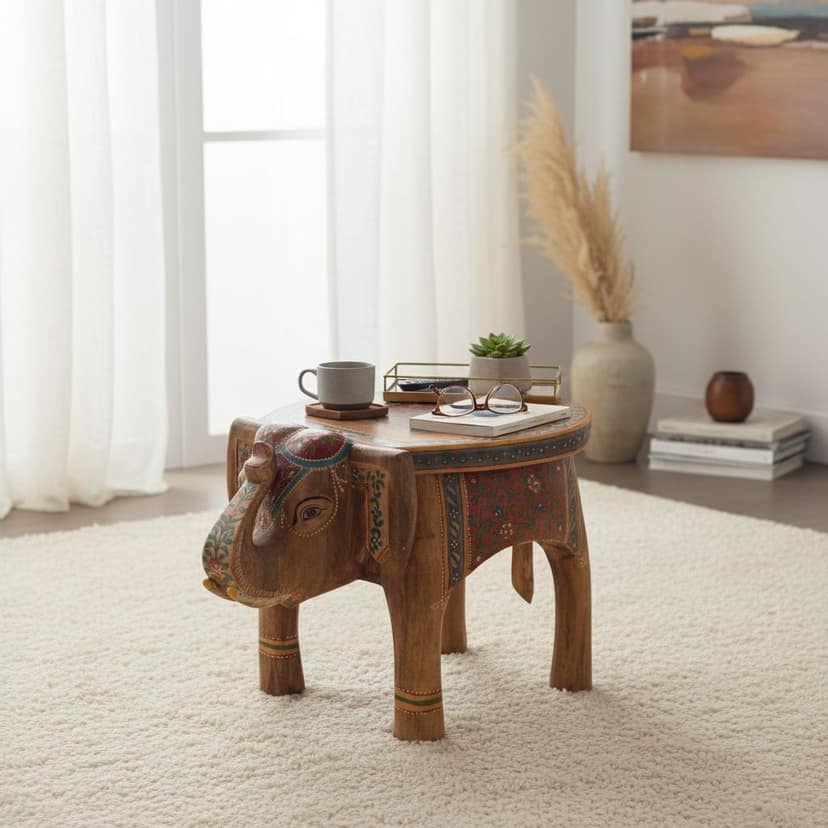 Elephant Hand-Painted Round Wood Coffee Table view 2