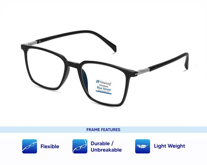 Flikertag Blue Cut Computer Glasses for Eye Protection | Zero Power Blue Light Filter Glasses With UV Protection | Anti Glare Specs for Men & Women [FTF211 F1 Square Matte Black Frame, 50mm] view 2