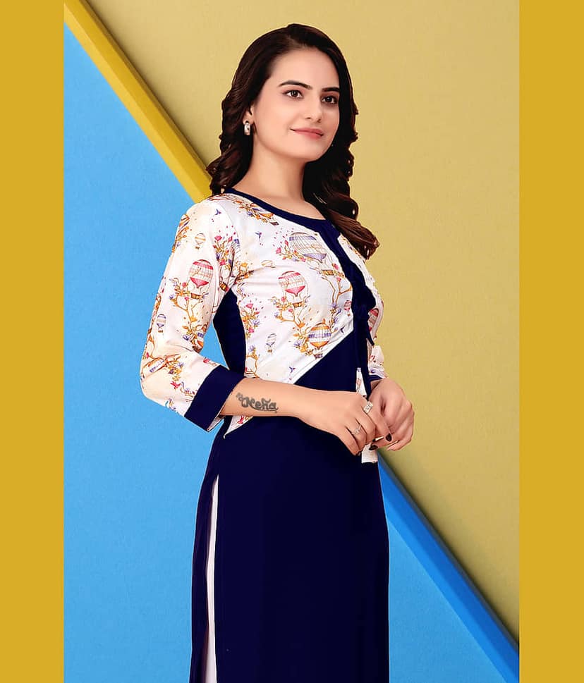 KHANJAN FASHION Women Crepe Self Design Straight Kurti ( Dark Blue ) view 2