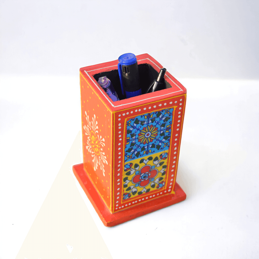 Hand-Painted Pen Stand | Wooden Orange Desk Organizer | 10cm | Exquisite Artistic Decor, Office Gift view 2