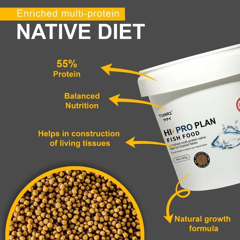 TUNAI Hi-Pro Plan Optimum Fish Food With 55% Protein | 450G | 1Mm Pellets For Small And Medium Sized Gold Fish, Angel Fish, Betta, Tetras, Gourami & Other Tropical Fish, 1 Count view 2