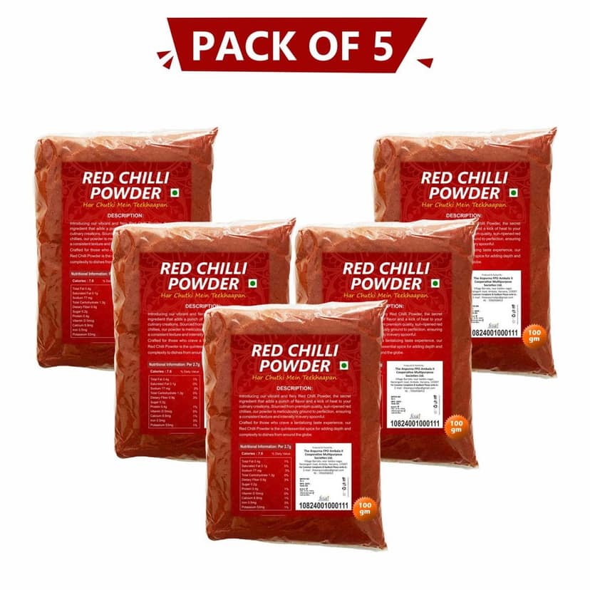 100g pouch Pack of 5 Red Chilli Powder produced by The Anpurna FPO Ambala view 2
