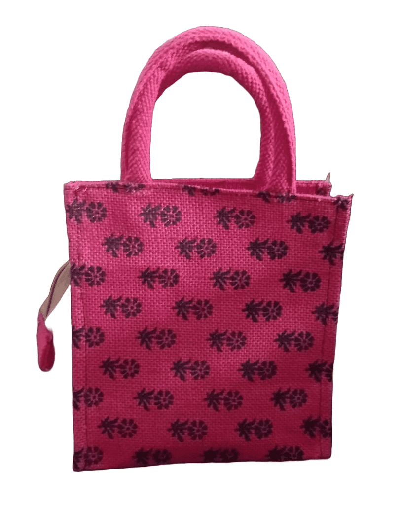 Small Pink Jute Tote Bag with Floral Print