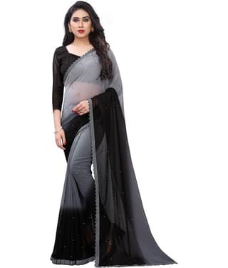 PRIHAL ART Georgette Solid Saree With Unstitched Blouse Piece ( Grey )