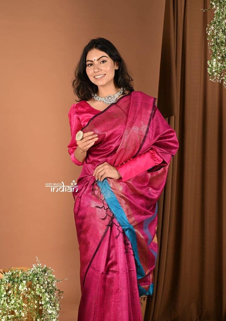 Handloom and Charkha Woven Pure Dupion Silk by Govt certified Weavers - Cerise Pink view 2