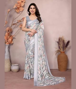 BLEESBURY Chiffon Printed Saree With Unstitched Blouse Piece ( Grey )