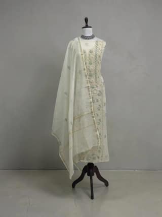 Lucknow Chikankari Hand-Embroidered Mul Cotton Dress Material, White & Ivory