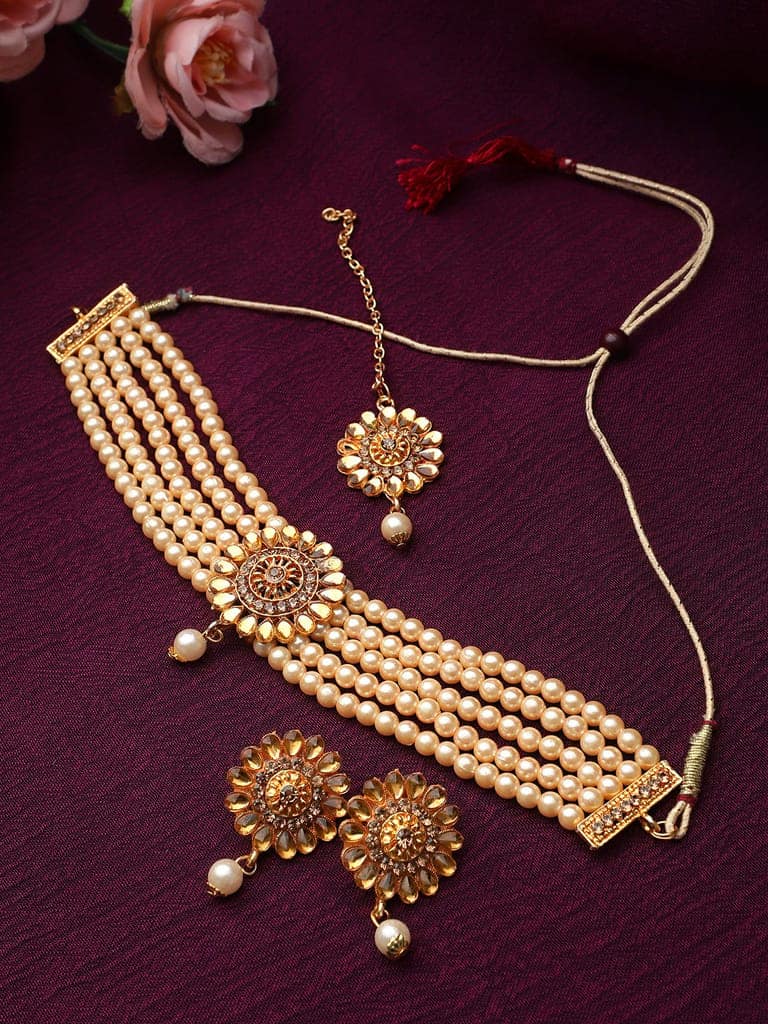 Cardinal Cream Color Gold Plated Brass Choker Necklace Set & Maang Tika view 2