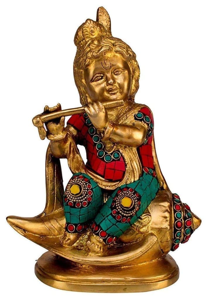 ARTVARKO Brass Idol Murti Small Krishna Statue Sitting on Conch Shankh Playing Flute Multicolor Gemstone Handwork for Home Decor Pooja Height 8 Inch view 2