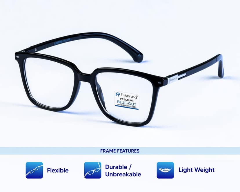 Flikertag Blue Cut Computer Glasses for Eye Protection | Zero Power Blue Light Filter Glasses With UV Protection | Anti Glare Specs for Men & Women [FTF204 F1 Square Glossy Black Frame, 51mm] view 2