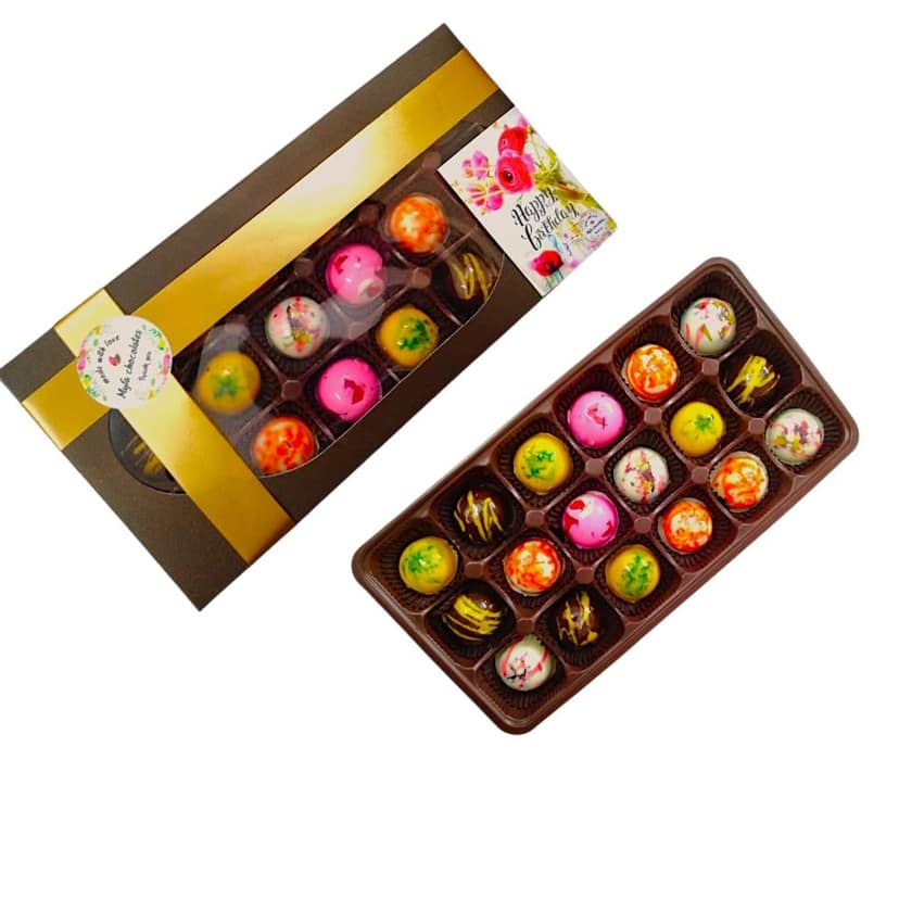 Handcrafted Assorted Chocolate Truffles Gift Box, 18 Pieces, Floral Birthday Design