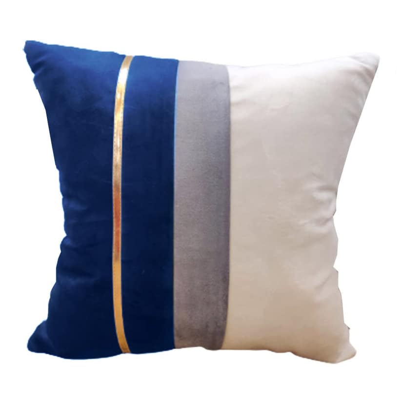 GOODVIBES Blue Beige Gold Leather Striped Patchwork Velvet Cushion Case Luxury Modern Throw Pillow Cover Decorative Pillow for Couch Living Room Bedroom Car| 16X16 Inches | 40cm * 40 cm I Set of 5| view 2