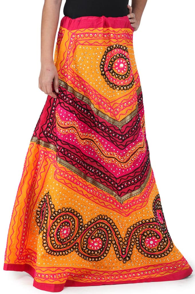Yellow And Fuchsia Long Ghagra Skirt from Jaipur with Aari Embroidery and Sequins view 2