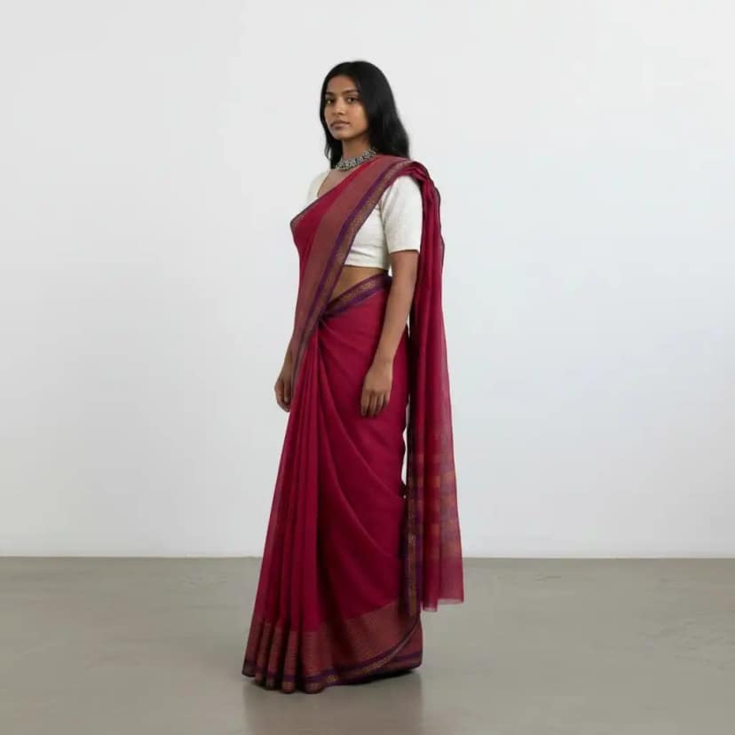 Narayanpet Handloom Cotton Saree in Rani Pink with Chikki Paras Border view 2