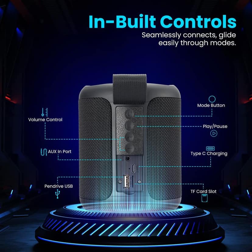 Portronics SoundDrum P 20W Portable Bluetooth Speaker with 6-7 hrs Playback Time, Handsfree Calling, USB Slot, Aux-in Port, Type C Charging (Black) view 2