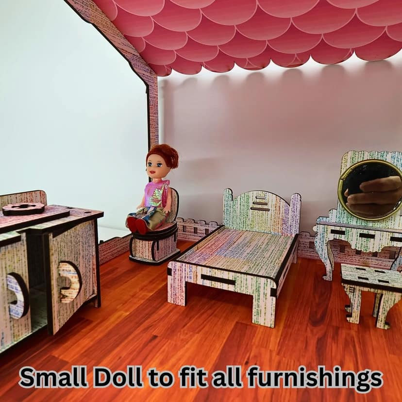 Pretty Wooden Dollhouse with Furniture and Doll for Kids | Pretend Play Doll House Toy | Educational & Creative Role Play Activity view 2