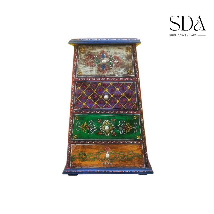 Antique Rajasthani Unique Fancy Traditional Decorative Handcrafted Hand-Painted Wooden Side 4 Pyramid Drawer Box Home/Table Decor Showpiece/Drawer Chest Gift Box view 2