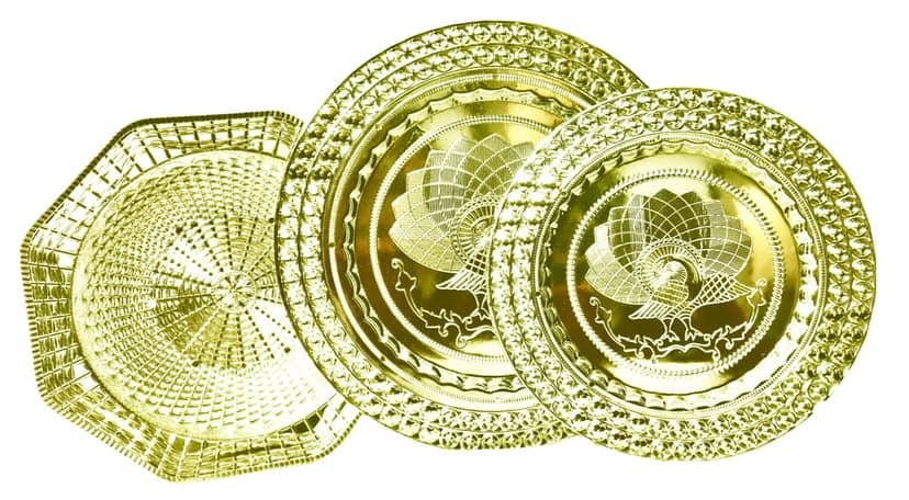 Omkar by R3 Inc. Royal Gold Gifting Set for Gifts Hampers | Designer Shagun Plate/Tray | Wedding Bowl for gift/fruit Packing (Plate - Regular & Jumbo & Bowl/Pack of 3) view 2