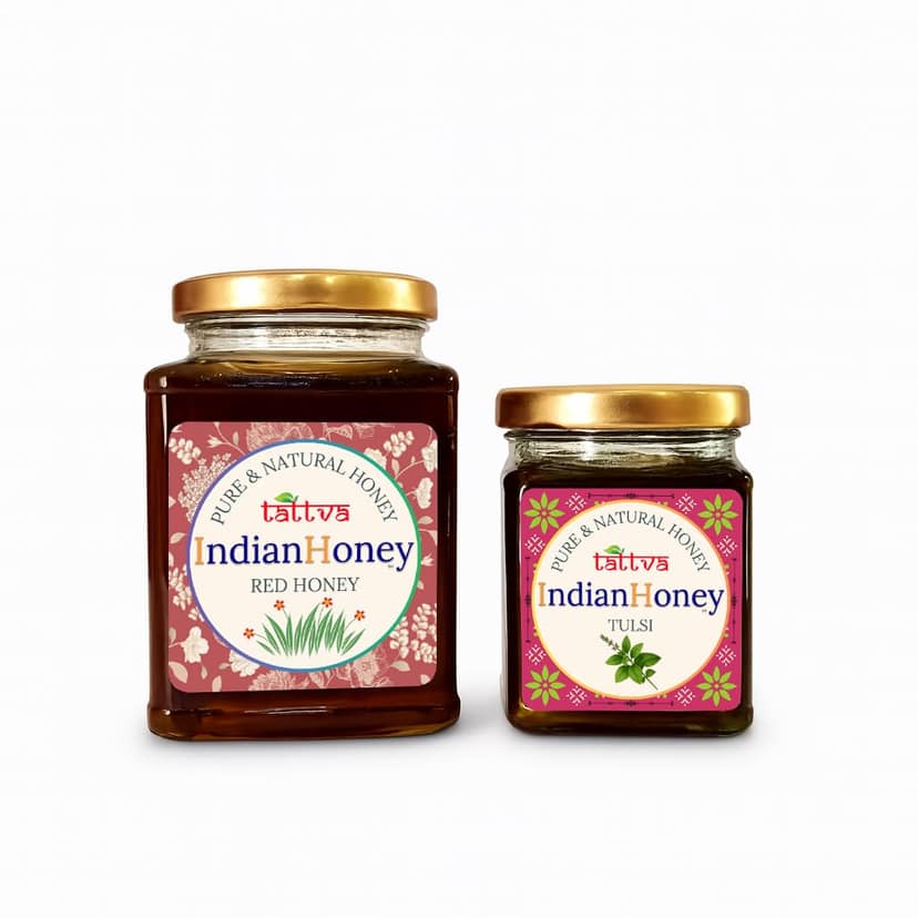 IndianHoney Red Honey & Ayurvedic & Stress-Relief Tulsi Infused Honey Combo Pack (500gm & 230gm)