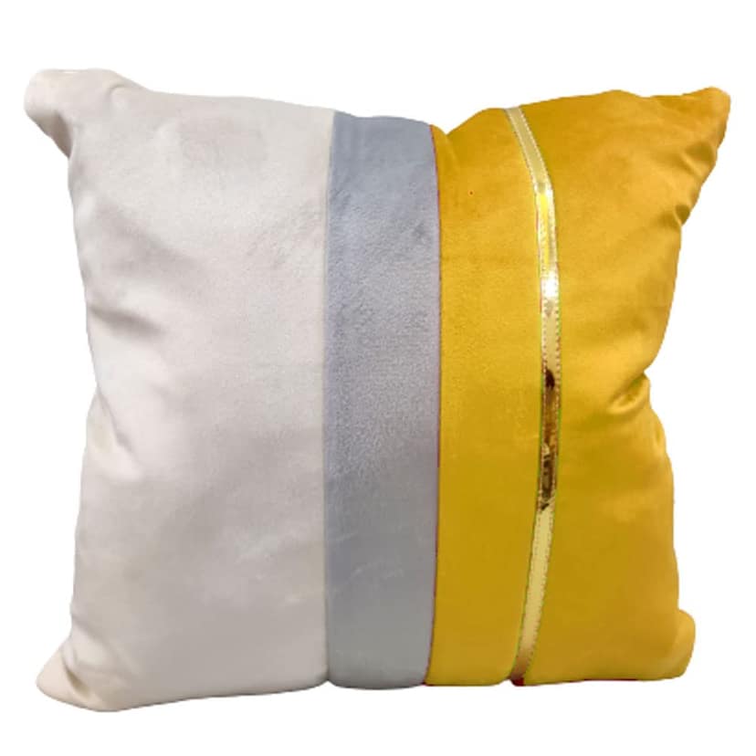 GOODVIBES Yellow Beige Gold Leather Patchwork Velvet 3 Cushion Covers and 1 Table Runner Combo Luxury Modern Pillow Cover Decorative Pillow for Sofa Living Room Bedroom | 16X16 Inches I view 2