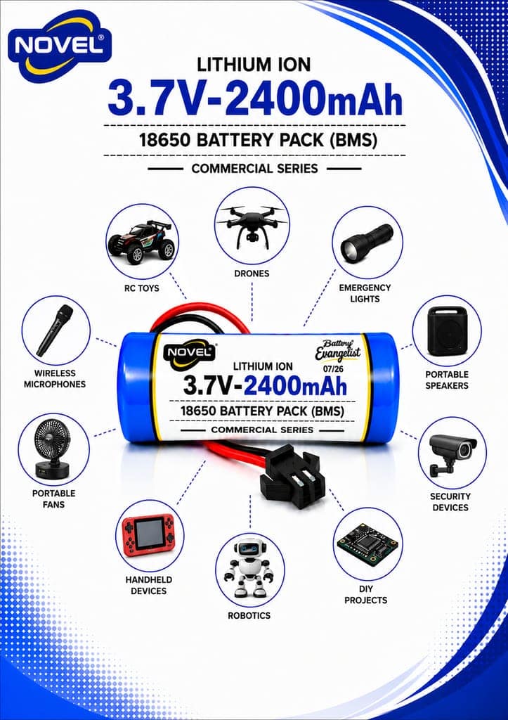 NOVEL 3.7V 18650 LITHIUM ION SM PIN BATTERY WITH CHARGING CABLE- 2400mAh view 2