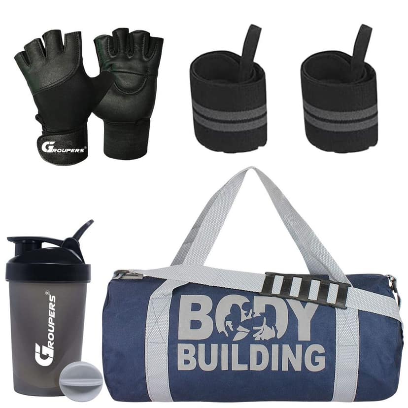 GROUPERS Duffle Canvas Bag with Shaker Bottle-400ml, Wrist Band & GloveslSports & Travel BaglSports Kitl (Blue)