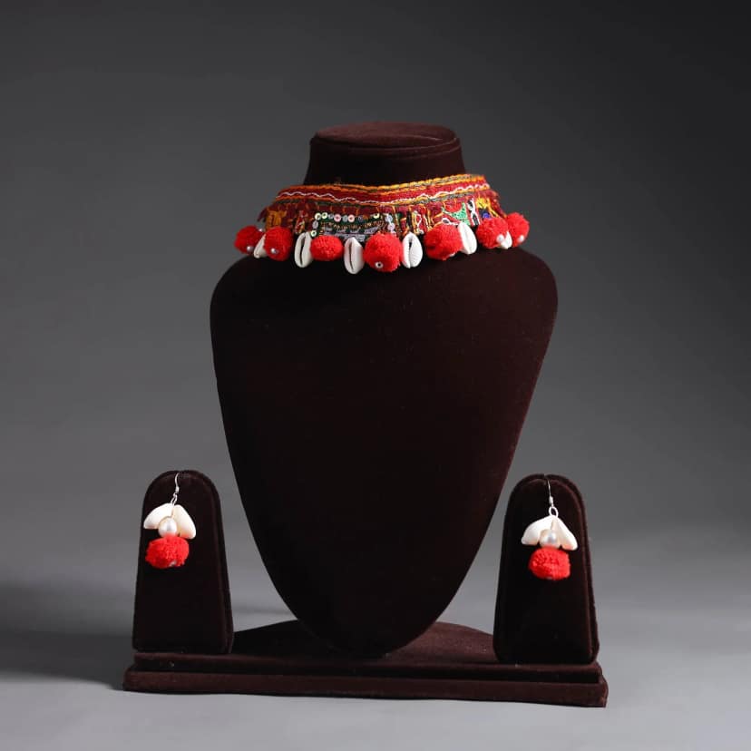 Red - Handcrafted Kutch Embroidered Choker Necklace Set 27