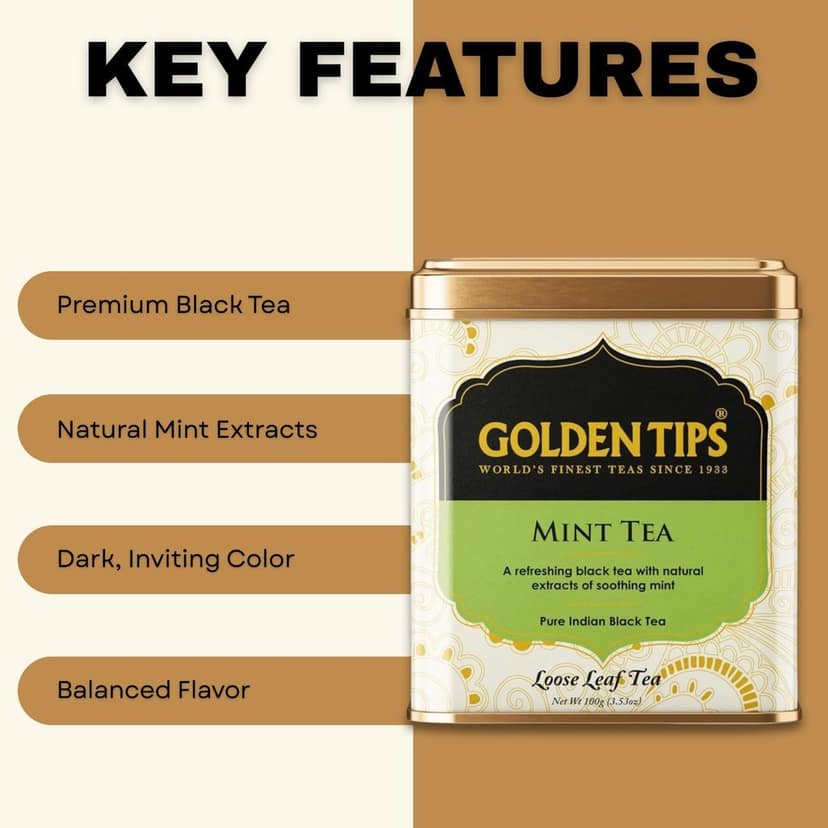 Golden Tips Healthy/Natural and Organic Loose Leaves Mint Flavour Black Tea Tin Can (100 Gram, 50 Cups) view 2