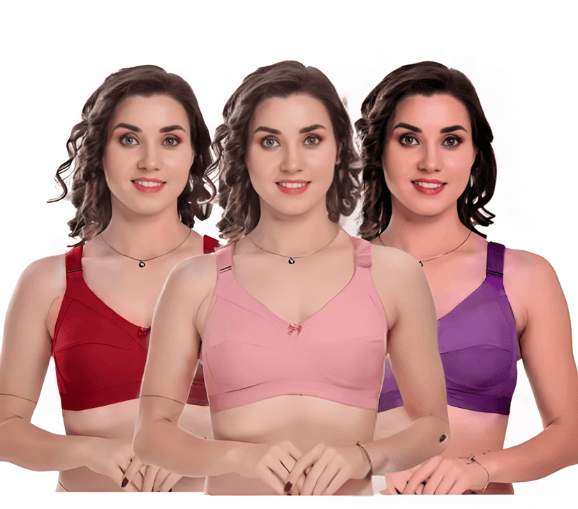 Bra Set for Women Combo Pack Non-Padded Full Back Coverage Broad Band T-shirts, Wire-free, Wide Strap with 4 Hook Closure Multicolor